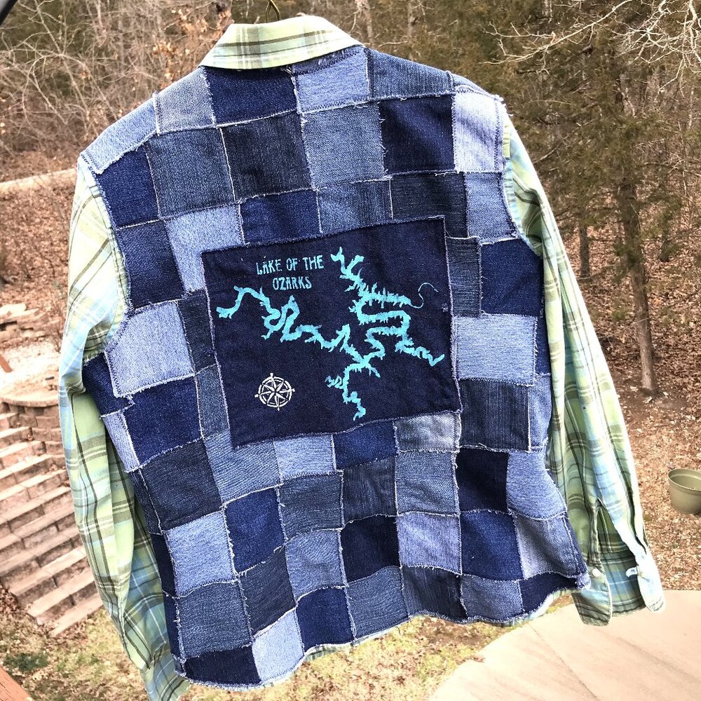 Lake of Ozarks Patchwork Jean Jacket, Upcycled Handmade LOZ Lake Shirt Women's S